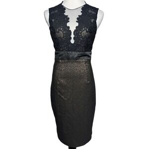 Theia Dress Womens 6 Black Gold Lace Illusion Sheath Cocktail Midi Formal